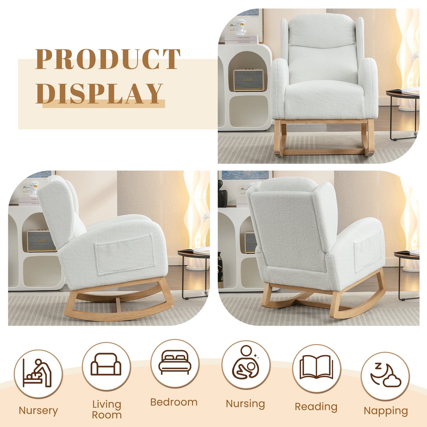 Muumblus Nursery Rocking Chair, Wingback Glider Rocker, Indoor Uphlostered Rocking Chair, Ivory Teddy