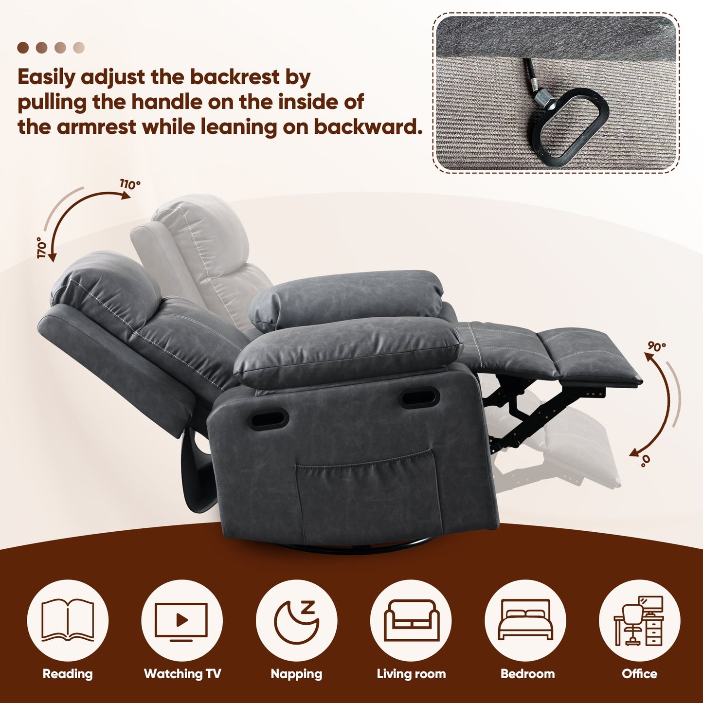 Muumblus Swivel Rocker Recliner with Heat and Massage, Power Recliner Lounge Chair for Living Room, Gray Faux Leather