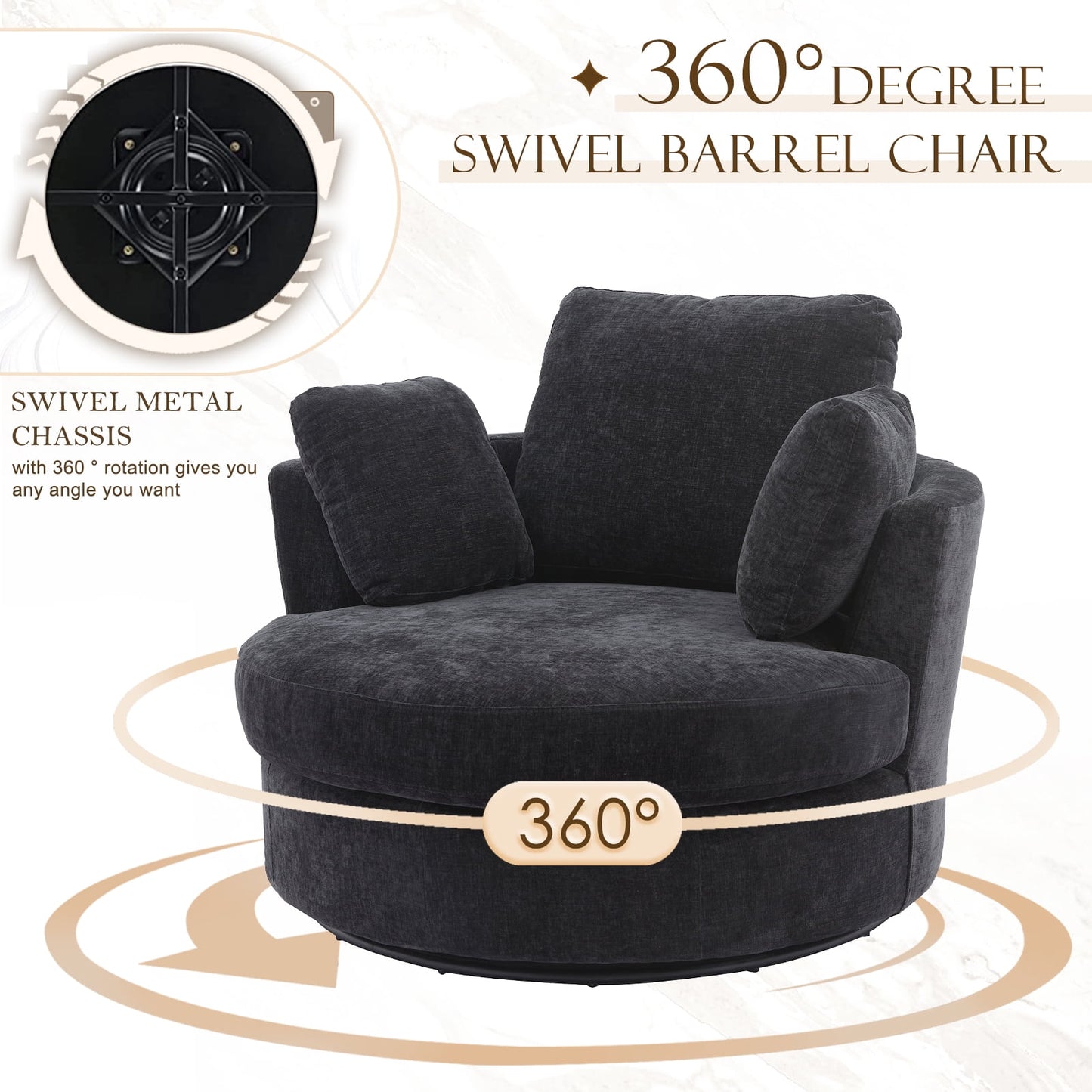 Muumblus Large Swivel Chair, Modern Oversize Accent Barrel Chair Comfy Round Armchair for Living Room, Black