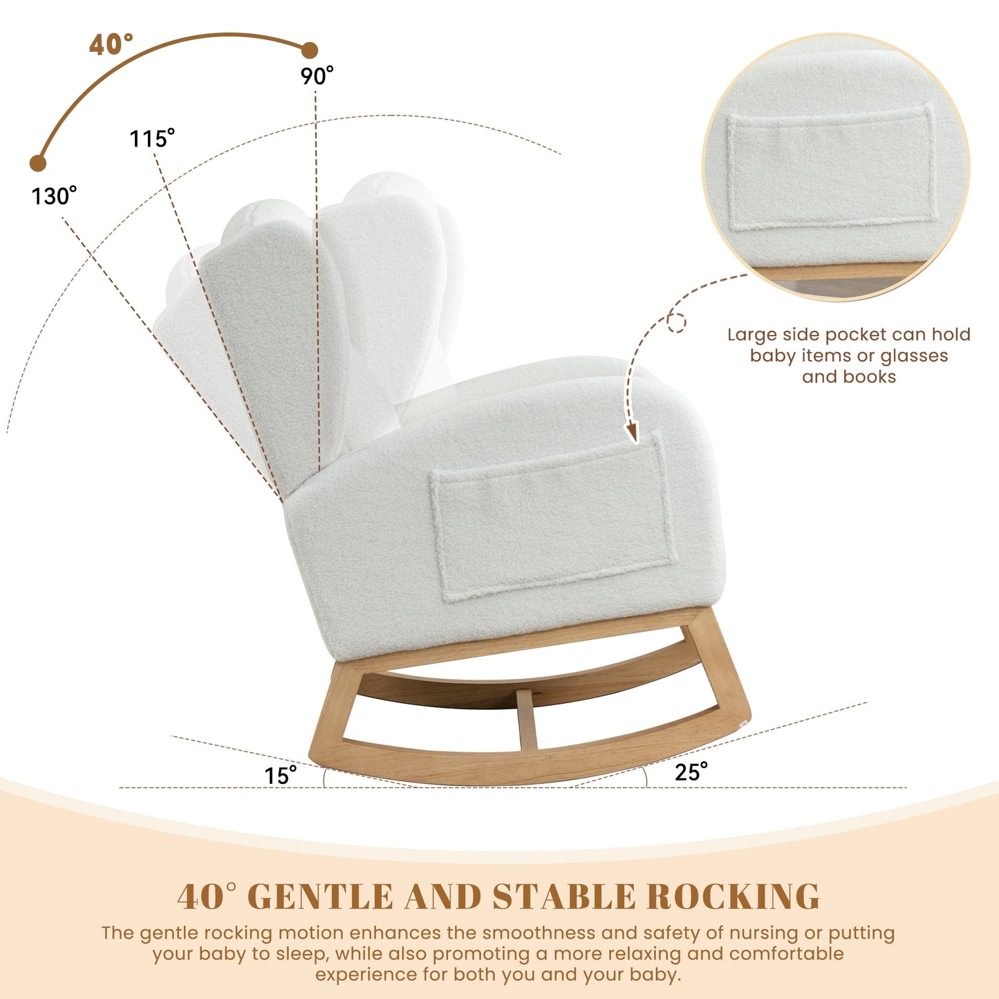 Muumblus Nursery Rocking Chair, Wingback Glider Rocker, Indoor Uphlostered Rocking Chair, Ivory Teddy