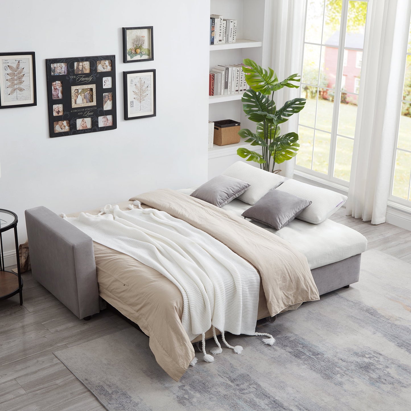 Muumblus 84" Convertible Sofa Bed, Queen Size Sleeper Sectional with Storage Chaise, Gray Velvet