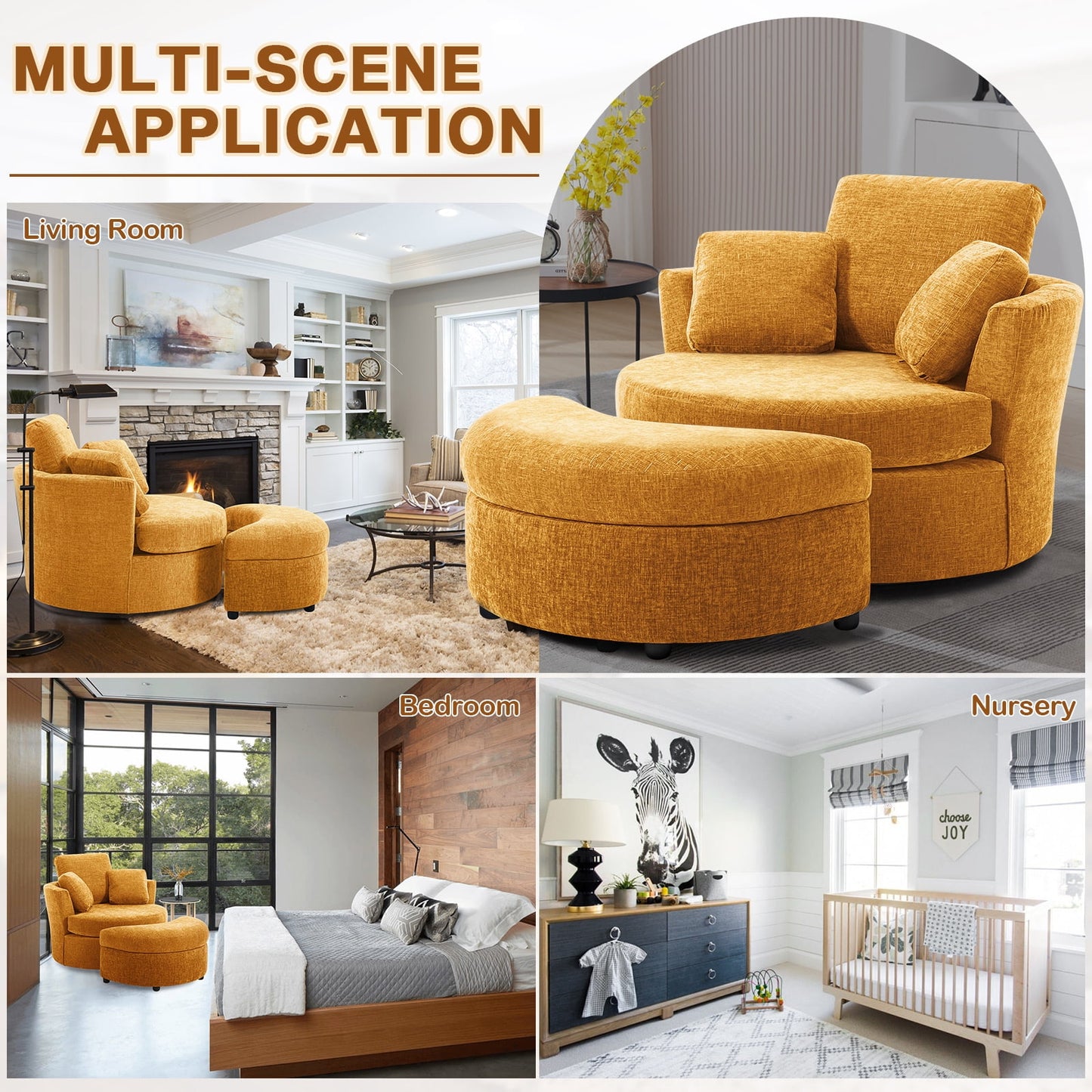 Muumblus Chenille Swivel Barrel Accent Chair with Storage Ottoman, Oversized Comfy Armchair for Living Room Bedroom, Yellow