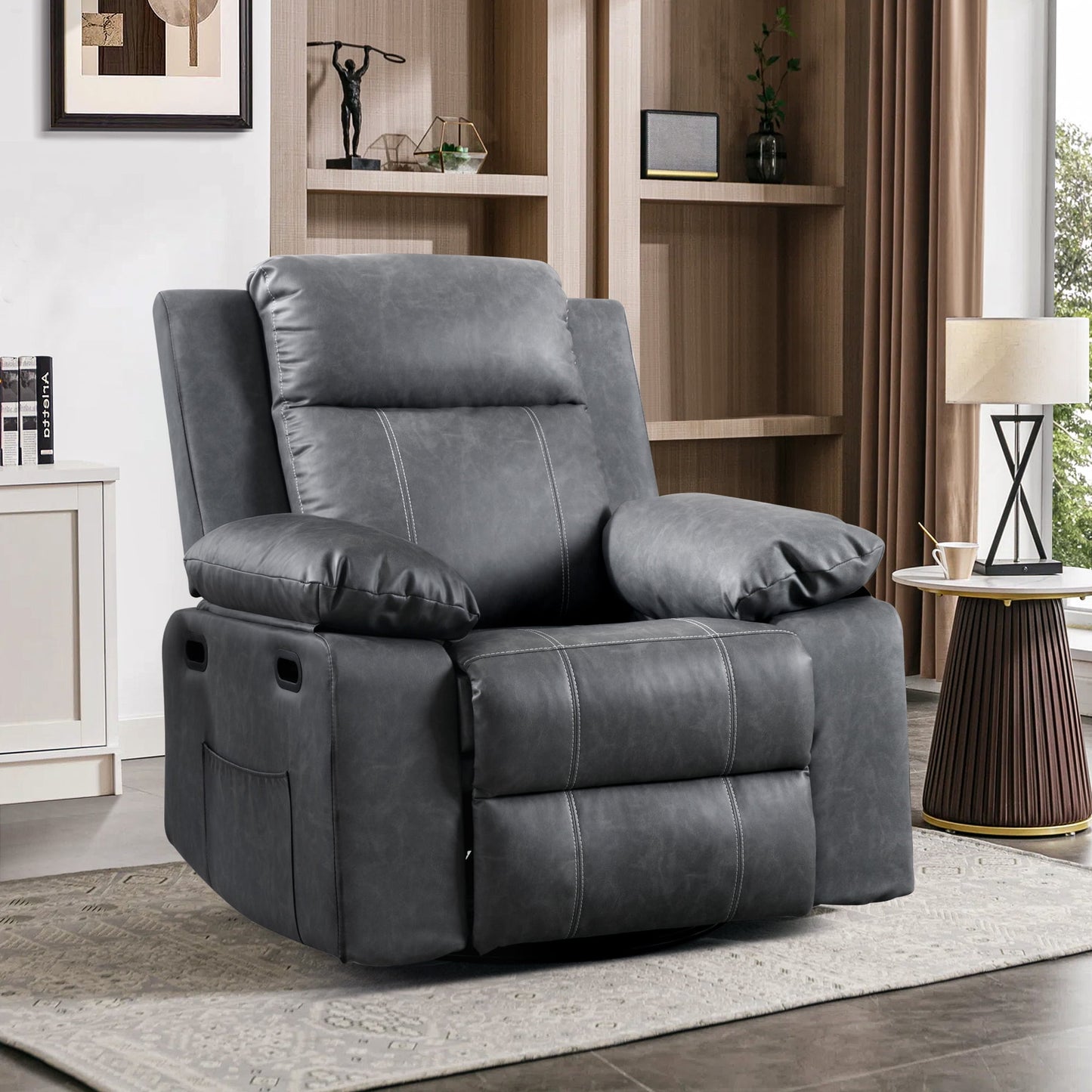 Muumblus Swivel Rocker Recliner with Heat and Massage, Power Recliner Lounge Chair for Living Room, Gray Faux Leather