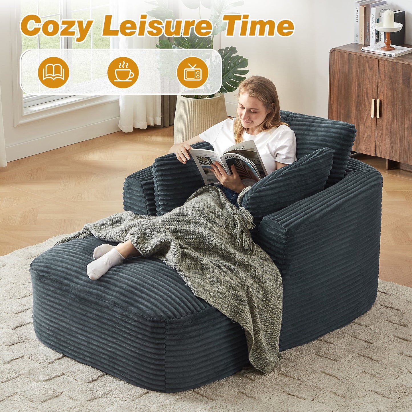 Muumblus Chaise Lounge Indoor, Cozy Lounge Chair Sleeper Sofa for Adults, No Assembly Required, Gray Corduroy