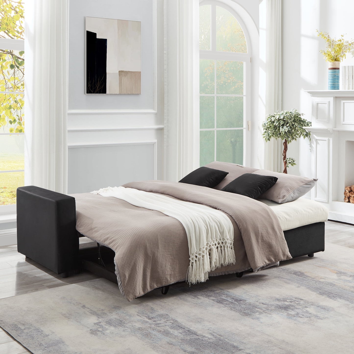 Muumblus 84" Convertible Sofa Bed, Queen Size Sleeper Sectional with Storage Chaise, Black Velvet, L-Shaped Couch for Living Room, Apartment