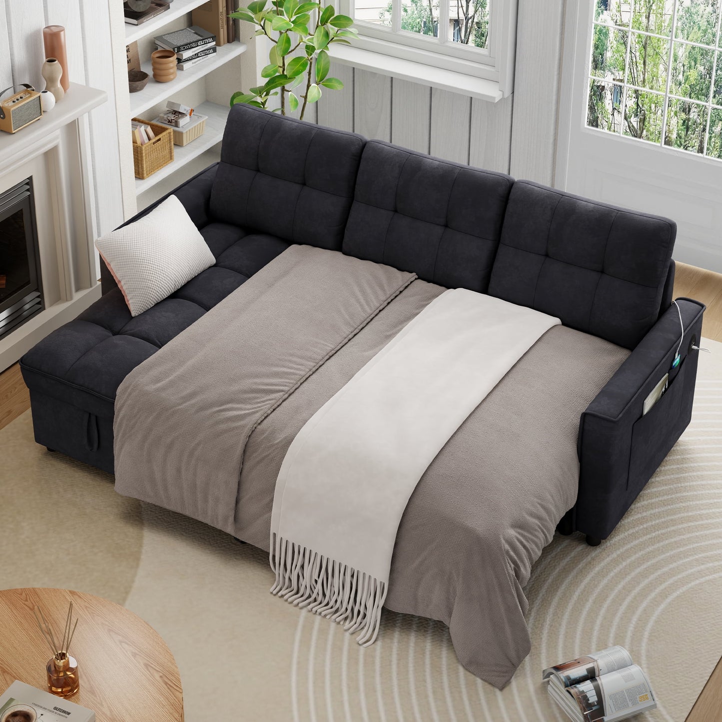 Muumblus Convertible Sofa Bed, Sectional Sleeper Sofa with Storage Chaise, L-Shaped Couch for Living Room, Black Chenille