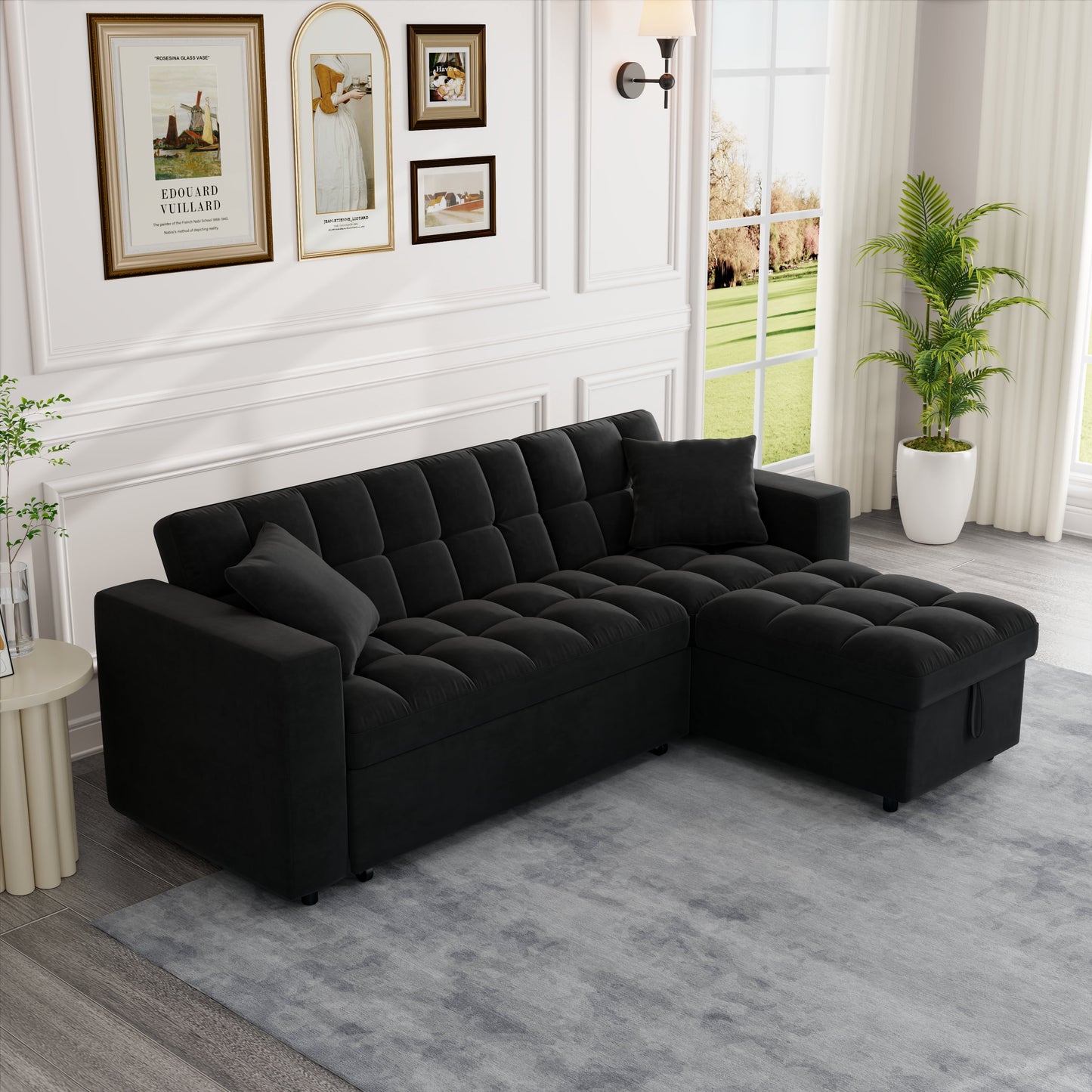 Muumblus 84" Queen Size Convertible Sectional Sleeper Sofa with Storage, Adjustable Backrest, Reversible L-Shaped Pull Out Couch Bed for Living Room, Guest Room, Black Velvet