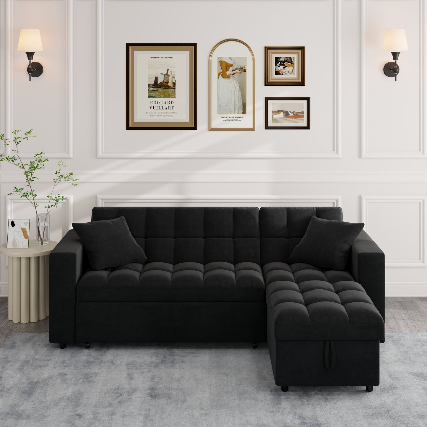 Muumblus 84" Queen Size Convertible Sectional Sleeper Sofa with Storage, Adjustable Backrest, Reversible L-Shaped Pull Out Couch Bed for Living Room, Guest Room, Black Velvet