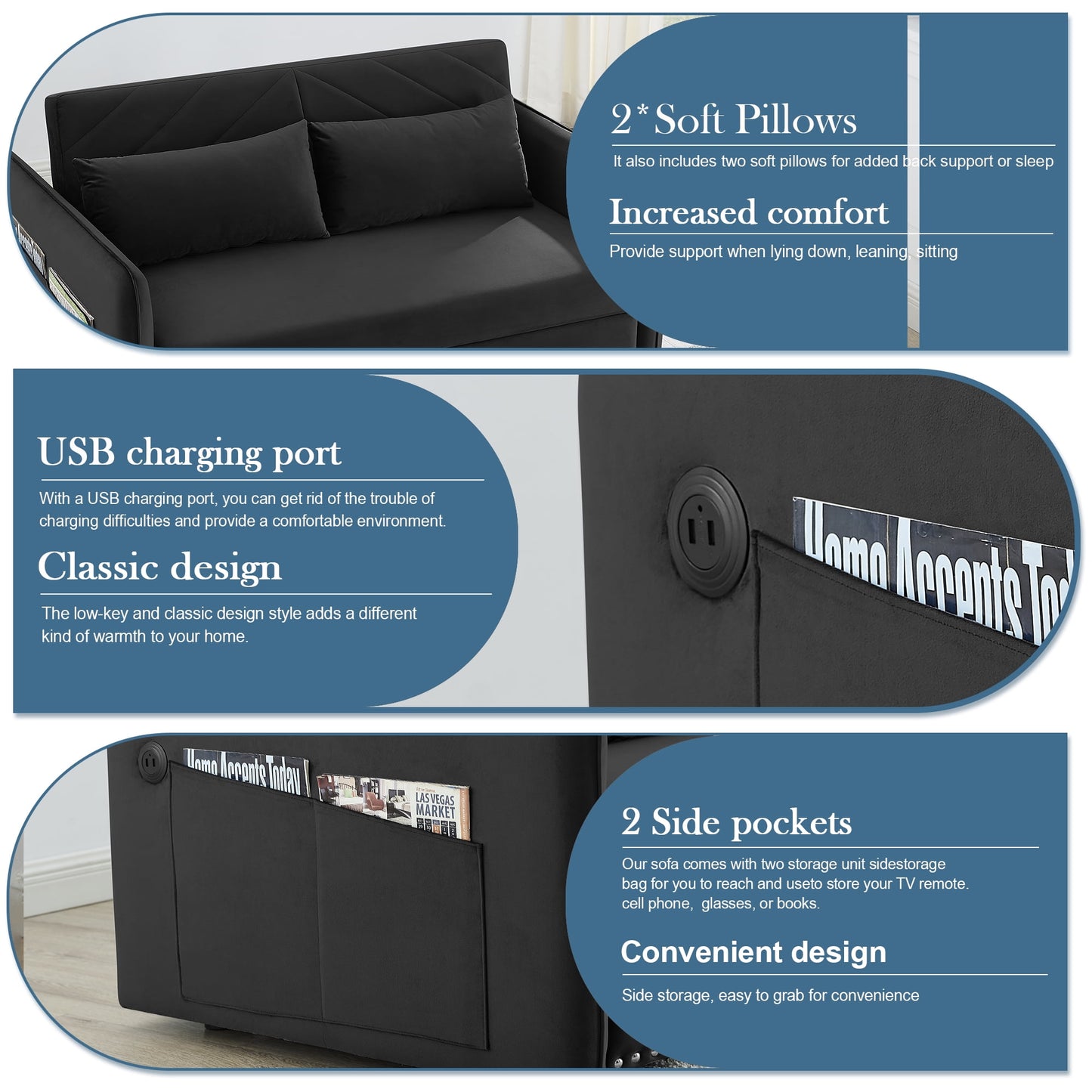 Muumblus 55" Pull Out Sofa Bed, Convertible Sleeper Loveseat with USB Ports, Modern Velvet Small Love Seat Futon Sofa for Living Room, Adjsutable Backrest, Black
