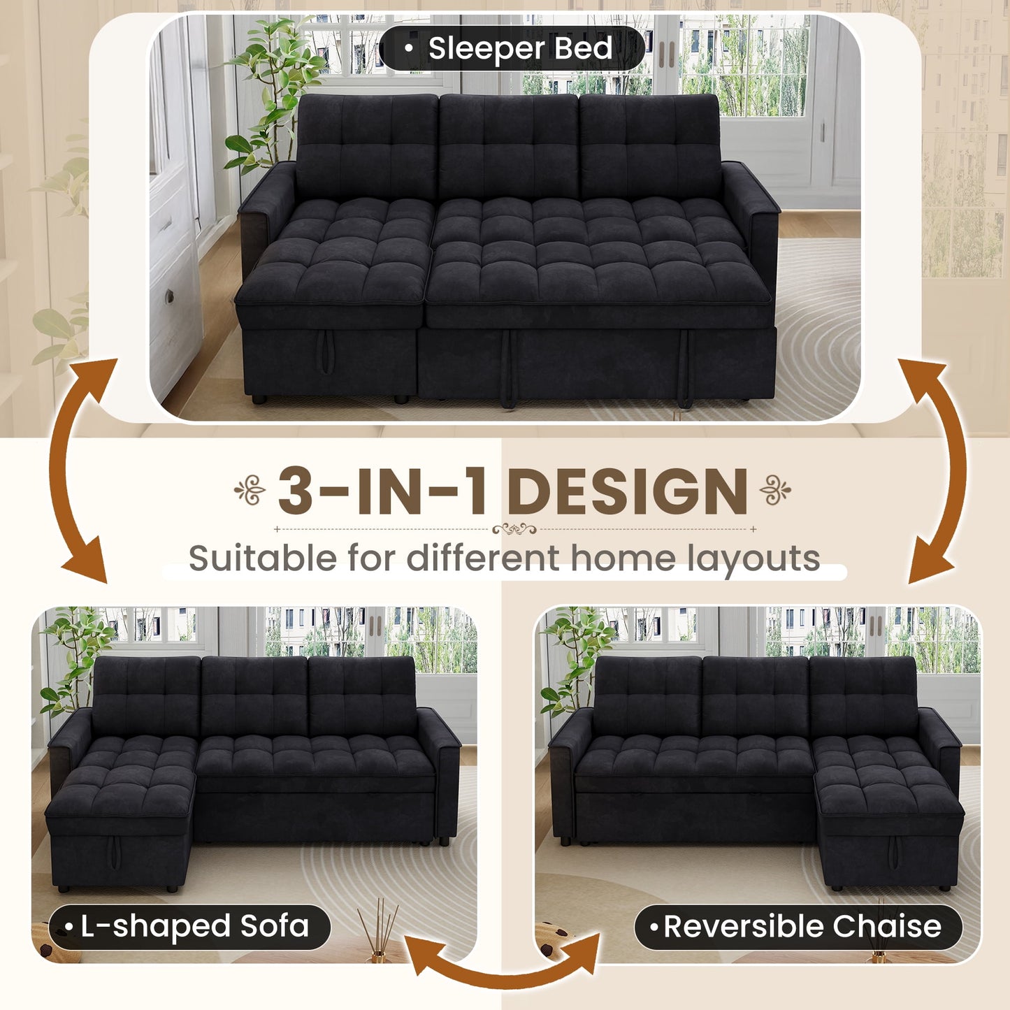Muumblus Convertible Sofa Bed, Sectional Sleeper Sofa with Storage Chaise, L-Shaped Couch for Living Room, Black Chenille