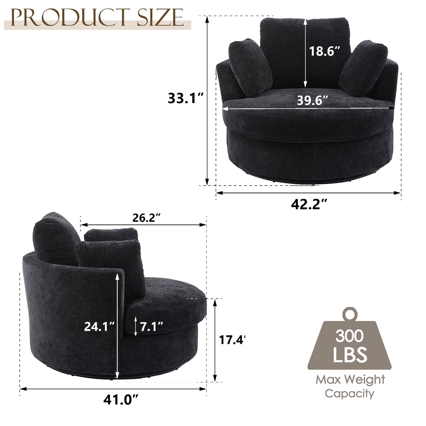 Muumblus Large Swivel Chair, Modern Oversize Accent Barrel Chair Comfy Round Armchair for Living Room, Black