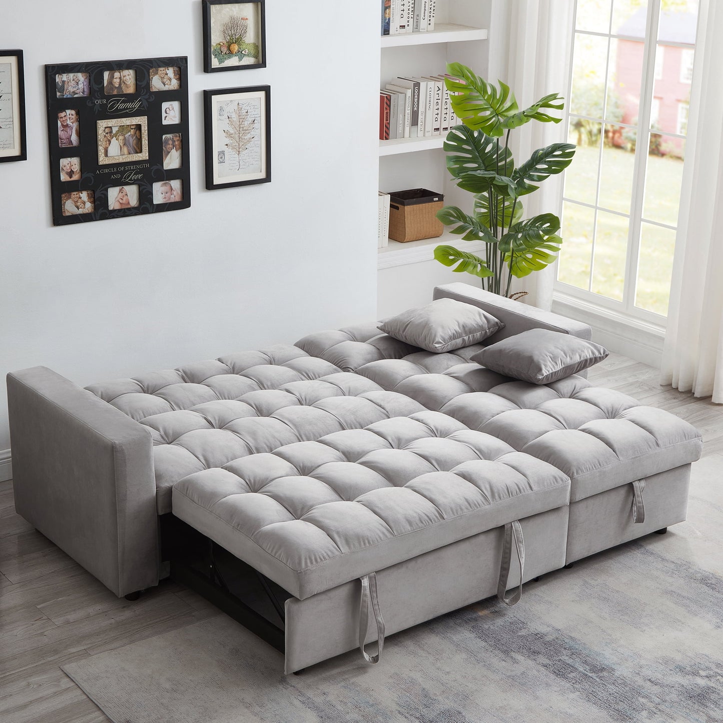 Muumblus 84" Convertible Sofa Bed, Queen Size Sleeper Sectional with Storage Chaise, Gray Velvet