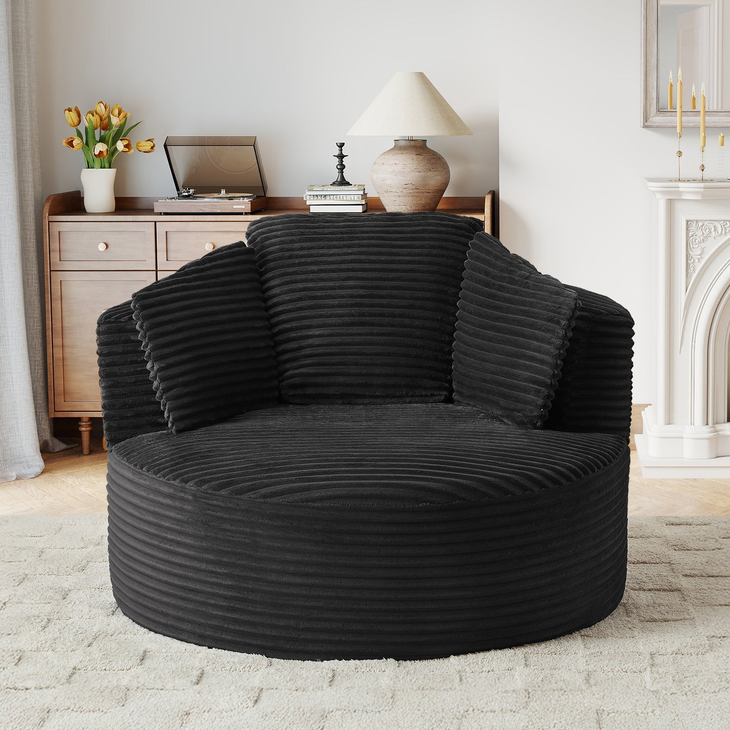 Muumblus 48.8" Oversized Accent Barrel Chair, Fluffy Round Lazy Sofa Chair for Adults, No Assembly Required, Black Corduroy