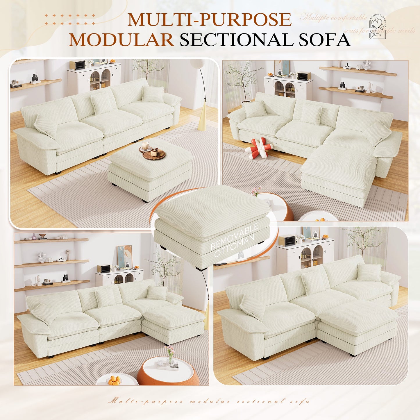 Muumblus Modular Sectional Sofa with Ottoman, Oversized L-Shaped Corduroy Couch for Living Room