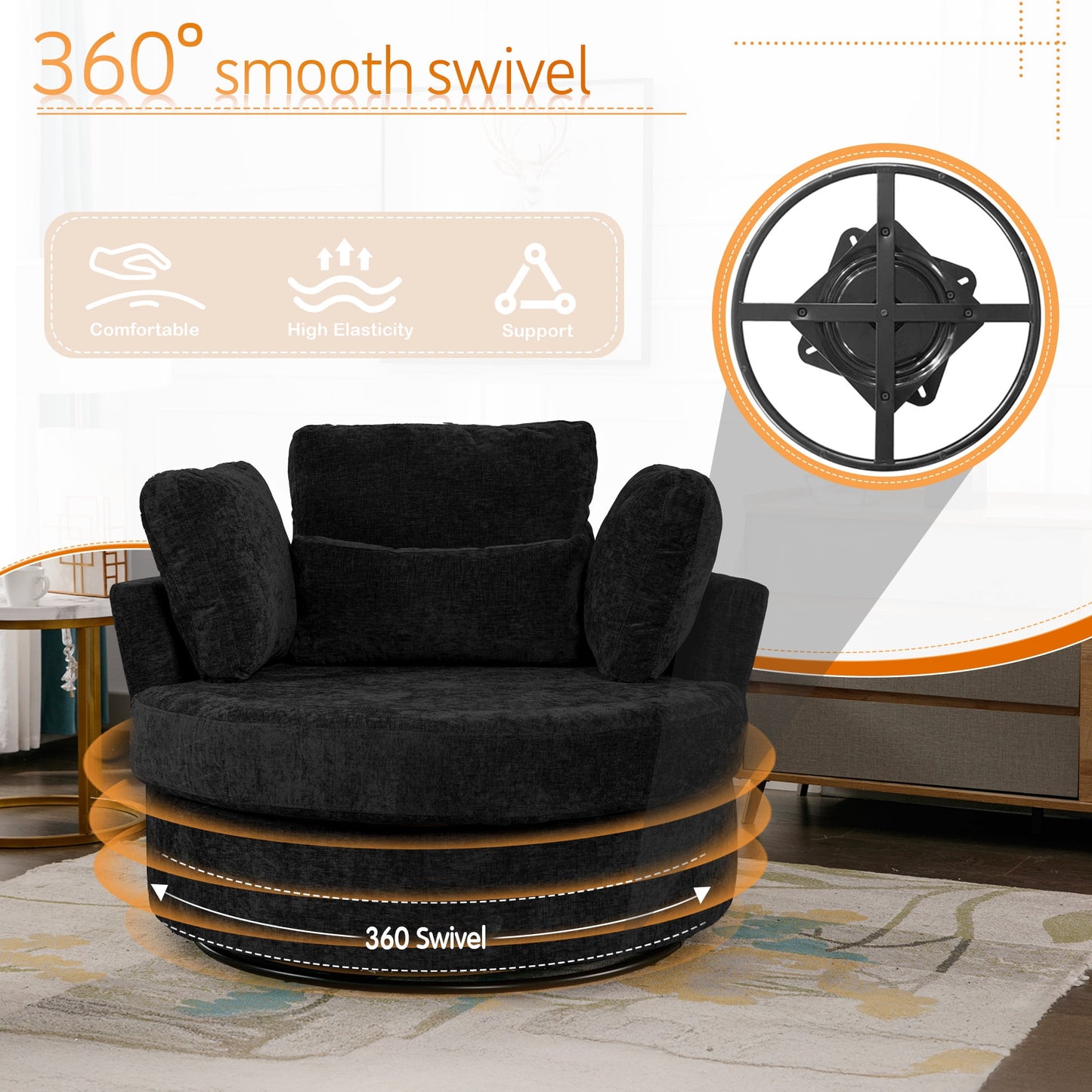 Muumblus 42"W Chenille Swivel Accent Barrel Chair, Modern Oversize Armchair Comfy Round Reading Chairs for Bedroom Living Room, Black