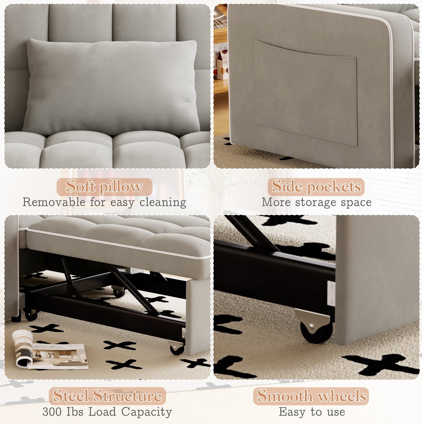 Muumblus Sleeper Sofa Chair Bed, 3-in-1 Convertible Sofa Chair, Modern Adult Velvet Chaise Lounge for Living Room, Gray