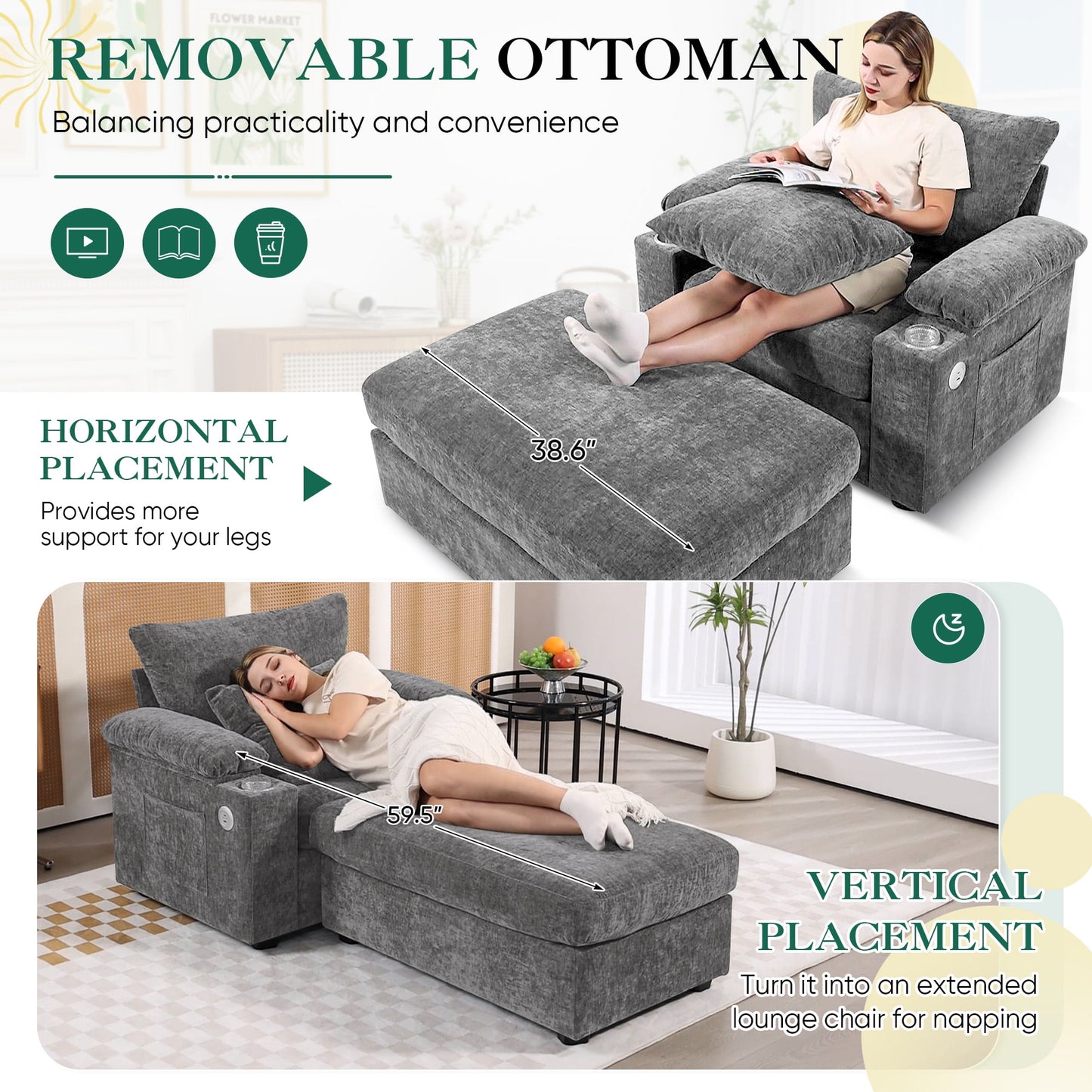 Muumblus Living Room Chair with Ottoman, USB & Storage Arms, Cozy Indoor Lounge Chair, Gray Chenille