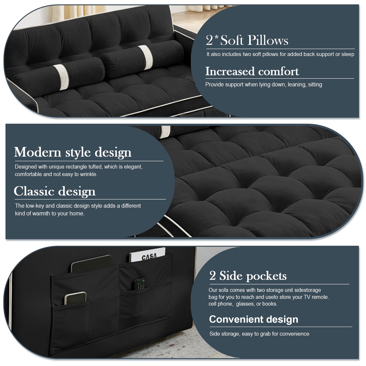 Muumblus 55" Pull Out Sofa Bed Convertible Loveseats Sleeper Modern Velvet Futon Couch Beds for Living Room, Apartment, Black