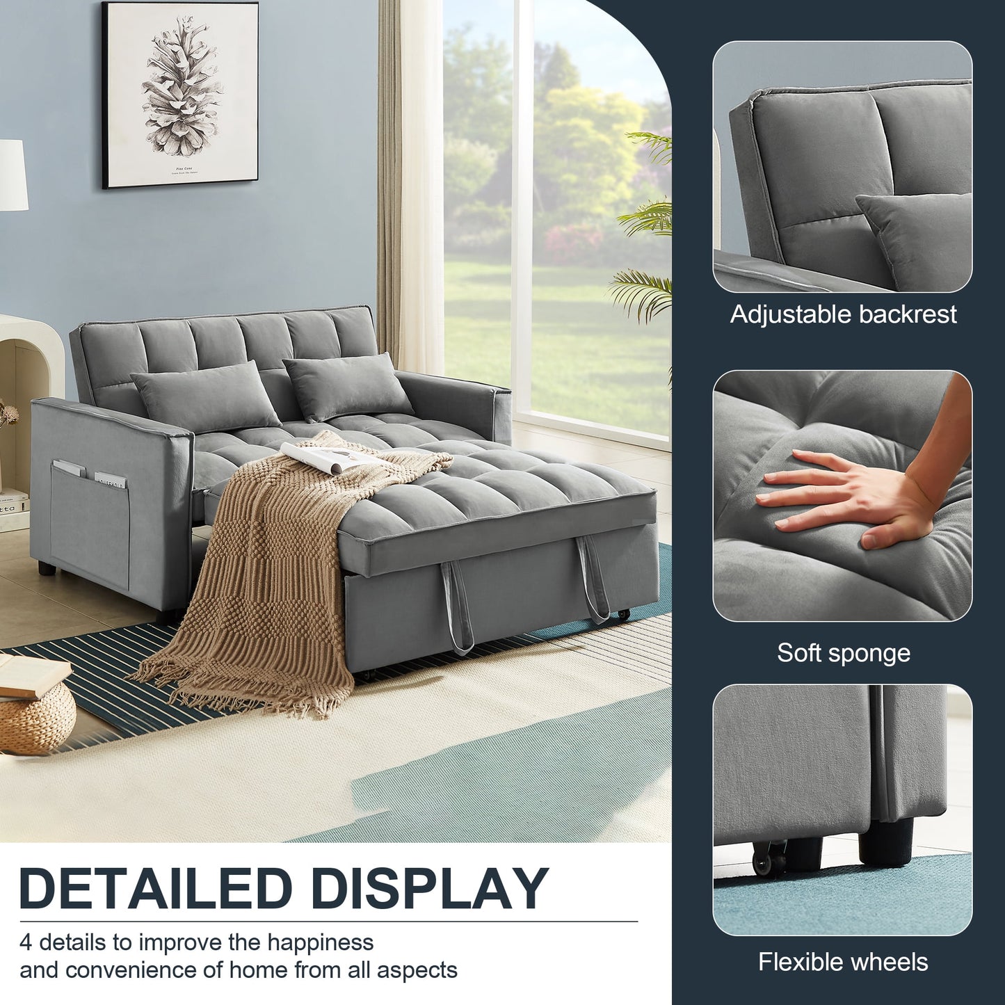 Muumblus 55" Pull Out Sofa Bed, Convertible Sleeper Loveseat with Adjsutable Backrest, Modern Velvet Futon Sofa Beds for apartment, Grey