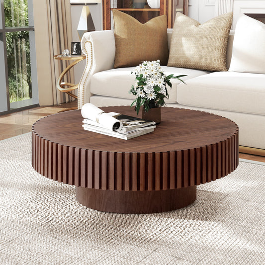 Muumblus 31.5" Walnut Coffee Table, Round Wood Modern Unique Fluted Accent Center Table for Living Room