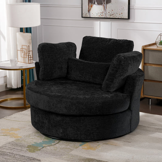 Muumblus 42"W Chenille Swivel Accent Barrel Chair, Modern Oversize Armchair Comfy Round Reading Chairs for Bedroom Living Room, Black