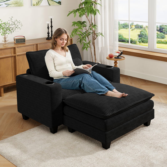 Muumblus 45.5" Oversized Accent Chair with Ottoman, Indoor Chaise Lounge Chairs Comfy Corduroy Reading Armchair for Living Room, Black