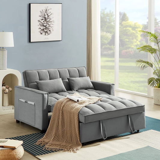 Muumblus 55" Pull Out Sofa Bed, Convertible Sleeper Loveseat with Adjsutable Backrest, Modern Velvet Futon Sofa Beds for apartment, Grey