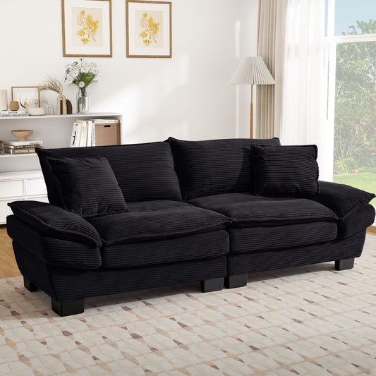 Muumblus 80"L Corduroy Deep Seat Sofa, Upholstered 3-Seater Sleeper Couch for Living Room, Black