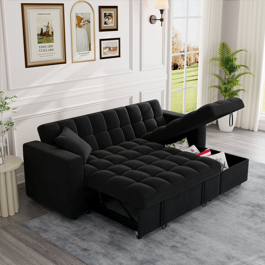 Muumblus 84" Queen Size Convertible Sectional Sleeper Sofa with Storage, Adjustable Backrest, Reversible L-Shaped Pull Out Couch Bed for Living Room, Guest Room, Black Velvet