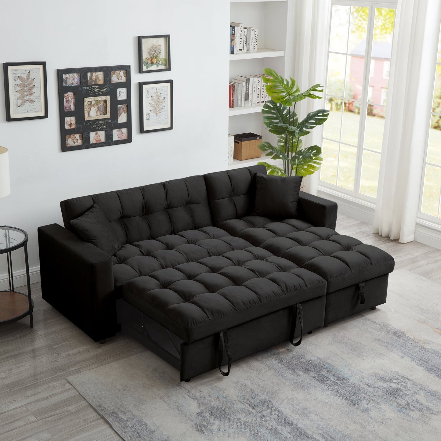 Muumblus 84" Convertible Sofa Bed, Queen Size Sleeper Sectional with Storage Chaise, Black Velvet, L-Shaped Couch for Living Room, Apartment
