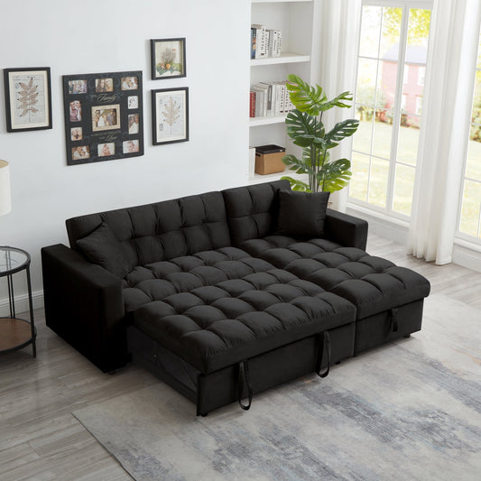 Muumblus 84" Convertible Sofa Bed, Queen Size Sleeper Sectional with Storage Chaise, Black Velvet, L-Shaped Couch for Living Room, Apartment