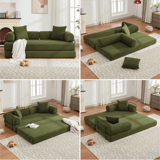 Muumblus Convertible Futon Floor Sofa Bed, Comfy Foldable Sleeper Cloud Couch for Living Room, Bedroom, Green Corduroy
