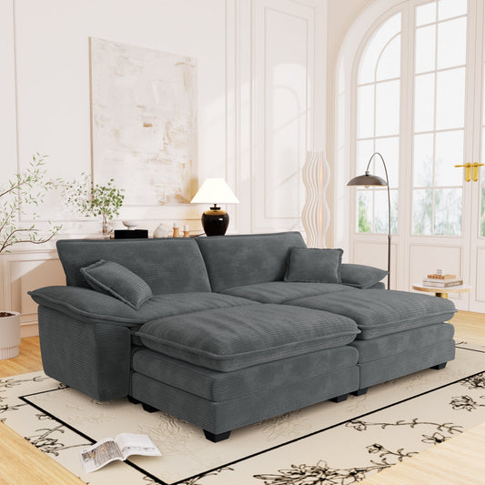 Muumblus Comfy Modular Sectional Sofa with 2 Ottoman, Deep Seat 80.5" Modern Oversized Corduroy Cloud Couch, Fluffy Deep Seat Chaise Lounge Sleeper Sofa for Living Room Apartment, Gray