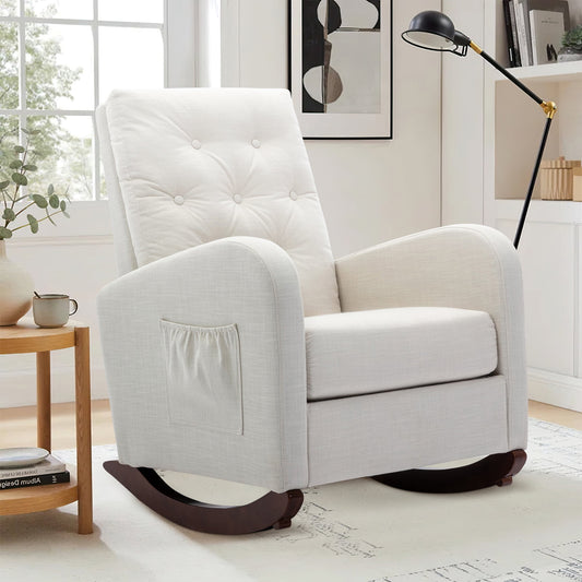 Muumblus Glider Rocker for Living Room, Rocking Chair for Nursery, Tufted High Back, Beige Linen