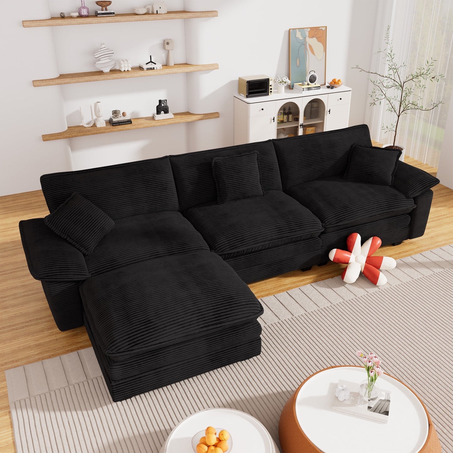 Muumblus Modular Sectional Cloud Couch with Ottoman, Oversized L-Shaped Corduroy Sofa for Living Room, Black