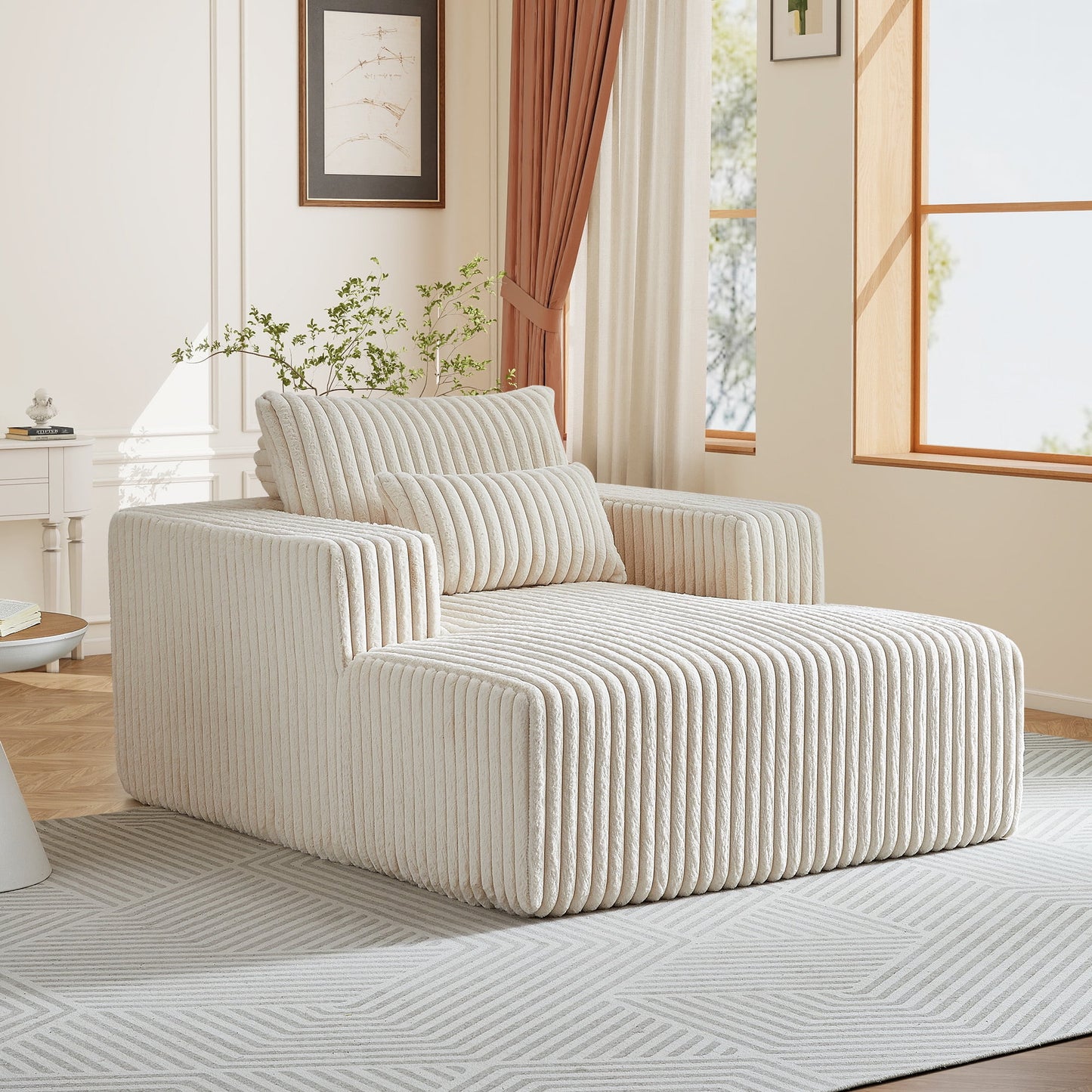 Muumblus Oversized Indoor Chaise Lounge, No Assembly Required, Cozy Corduroy Sleeper Sofa Bed, Beige