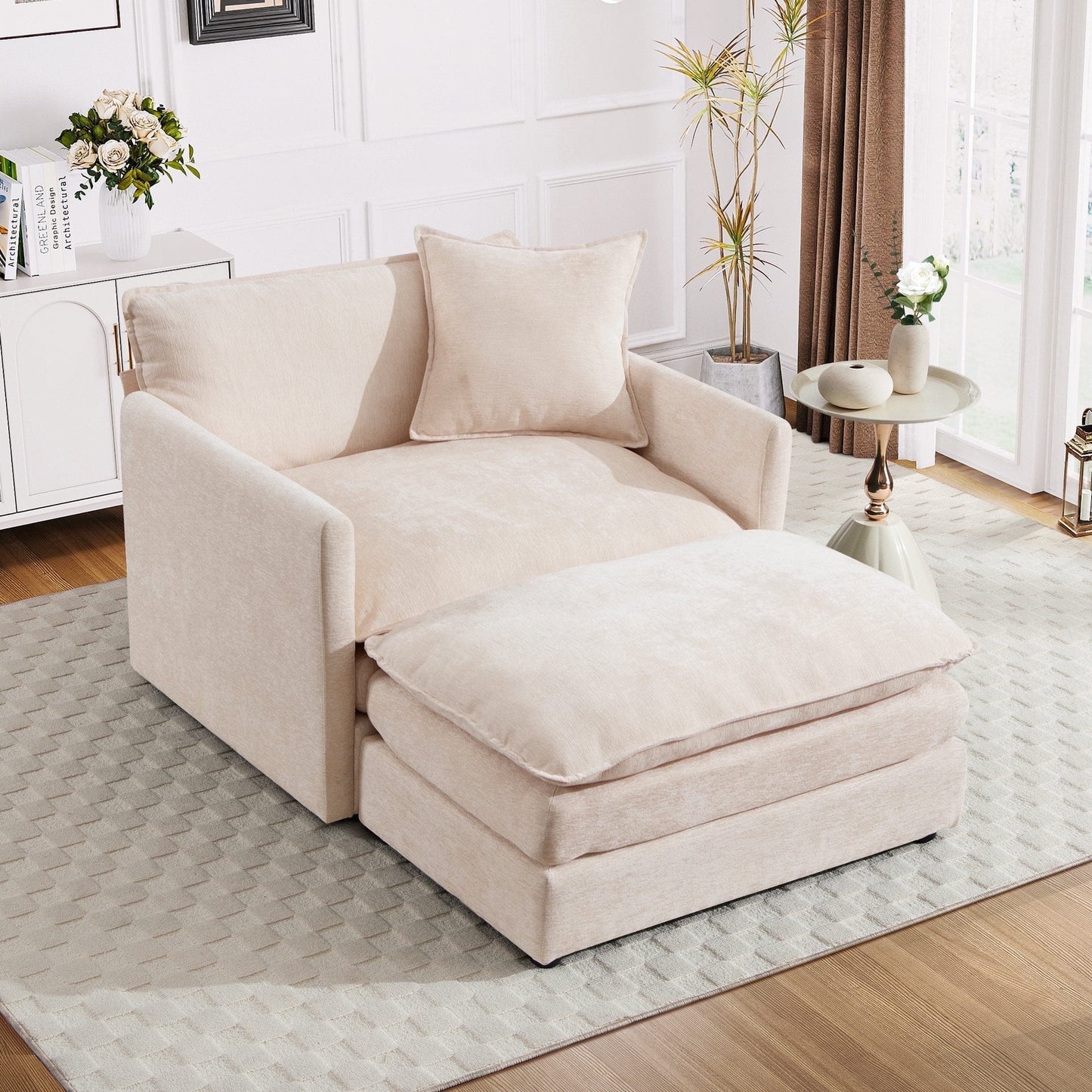 Muumblus Oversized Lounge Chair with Ottoman, Cloud Accent Armchair for Living Room, Beige Chenille