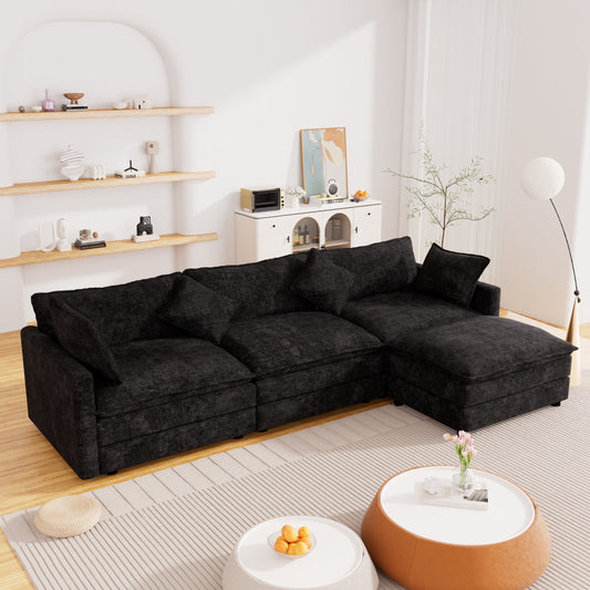Muumblus Sectional Cloud Couch with Reversible Ottoman, L-Shaped Chenille Sofa for Living Room, Black