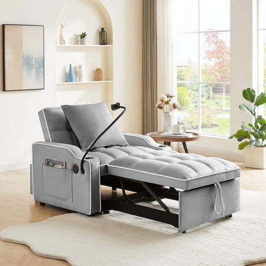 Muumblus Sleeper Sofa Chair Bed with Swivel Phone Stand, Cup Holders, 3-in-1 Convertible Pull Out Sofa Bed for Living Room, Gray Velvet