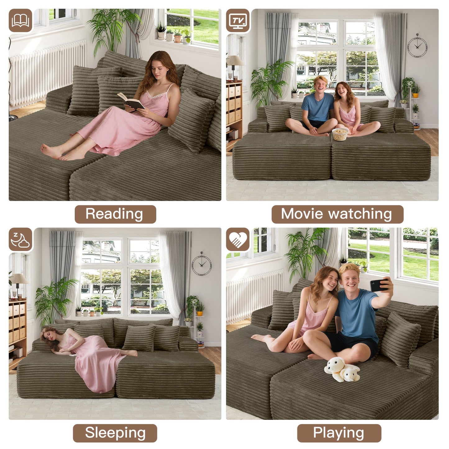 Muumblus 83" Oversized Double Chaise Lounge Chair Indoor, Modern Boneless Plush Corduroy Upholstered Modural Sectional Sleeper Cloud Couch for Living Room Apartment, Brown
