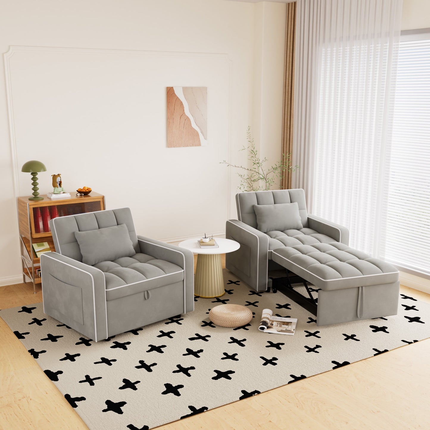 Muumblus Sleeper Sofa Chair Bed, 3-in-1 Convertible Sofa Chair, Modern Adult Velvet Chaise Lounge for Living Room, Gray