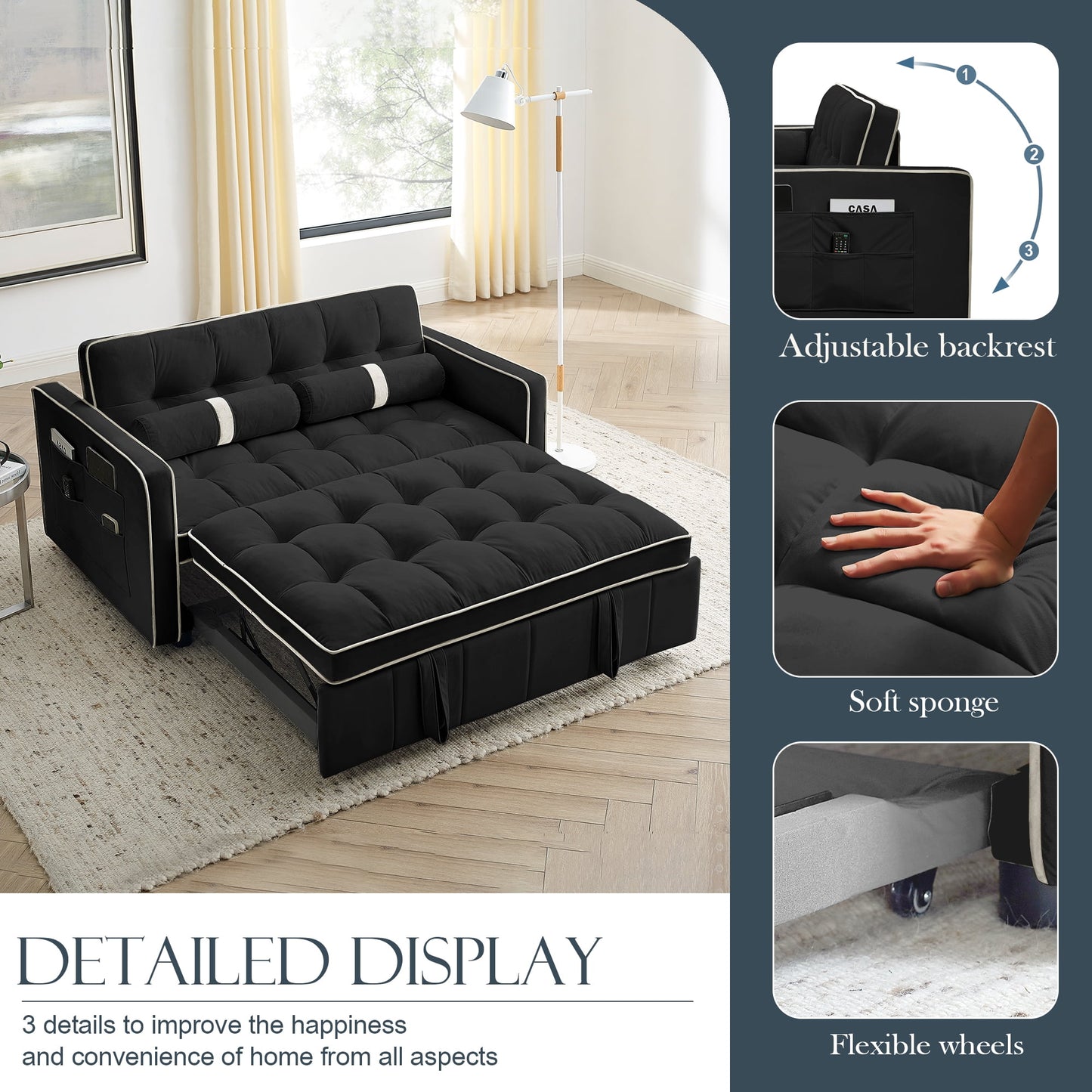 Muumblus 55" Pull Out Sofa Bed Convertible Loveseats Sleeper Modern Velvet Futon Couch Beds for Living Room, Apartment, Black