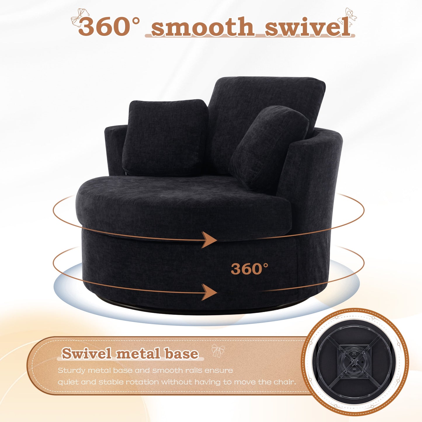 Muumblus Chenille Swivel Accent Chair Barrel Chair, Oversized Comfy Armchair with Pillows, Modern Leisure Sofa Chair for Living Room Bedroom, Black