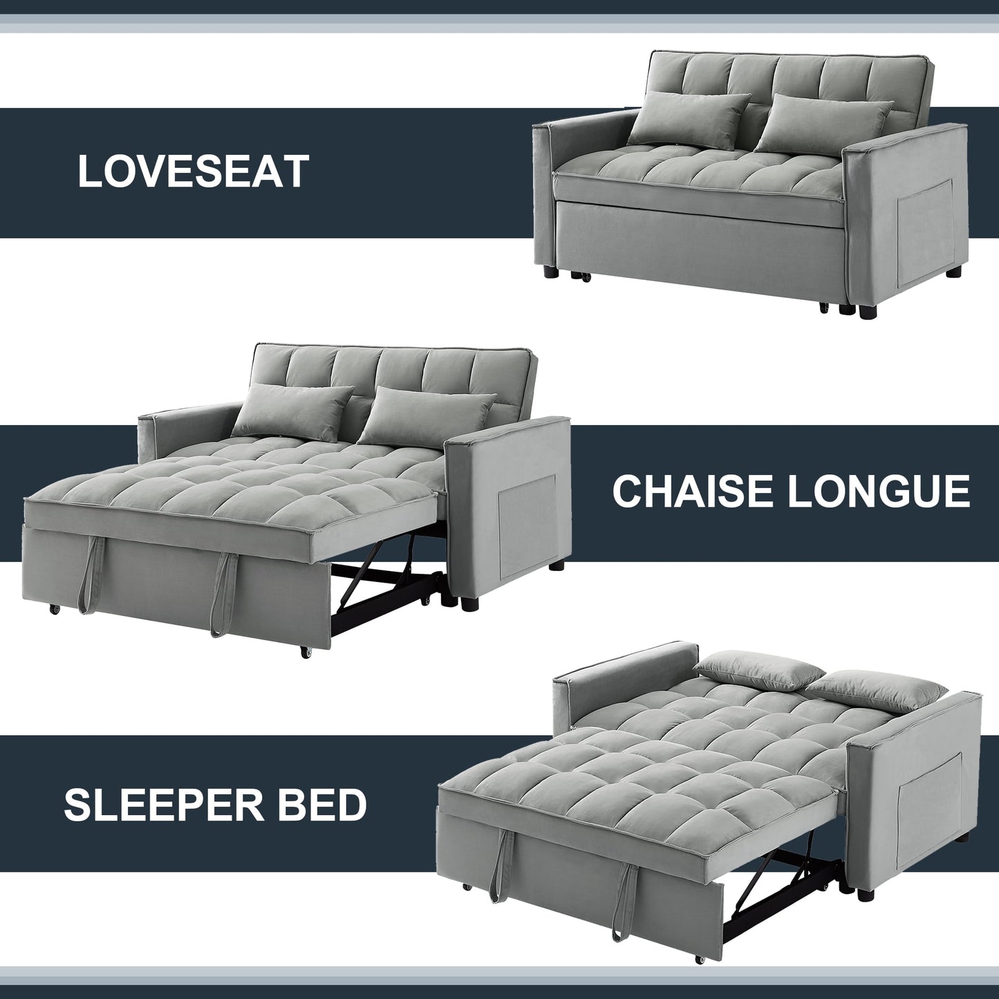 Muumblus 55" Pull Out Sofa Bed, Convertible Sleeper Loveseat with Adjsutable Backrest, Modern Velvet Futon Sofa Beds for apartment, Grey