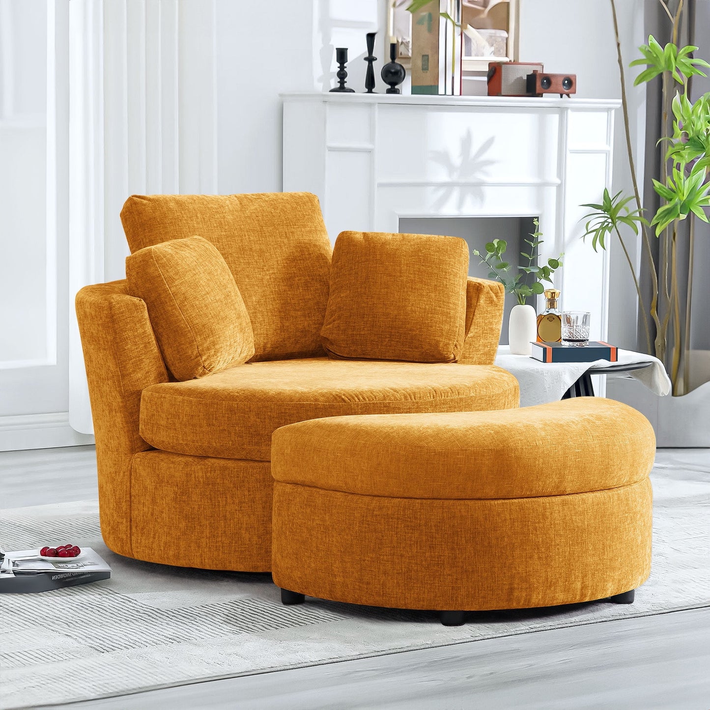 Muumblus Chenille Swivel Barrel Accent Chair with Storage Ottoman, Oversized Comfy Armchair for Living Room Bedroom, Yellow