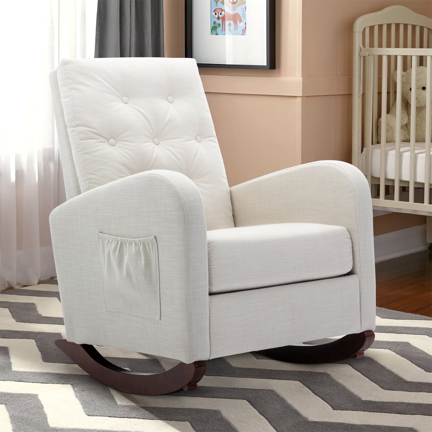 Muumblus Glider Rocker for Living Room, Rocking Chair for Nursery, Tufted High Back, Beige Linen