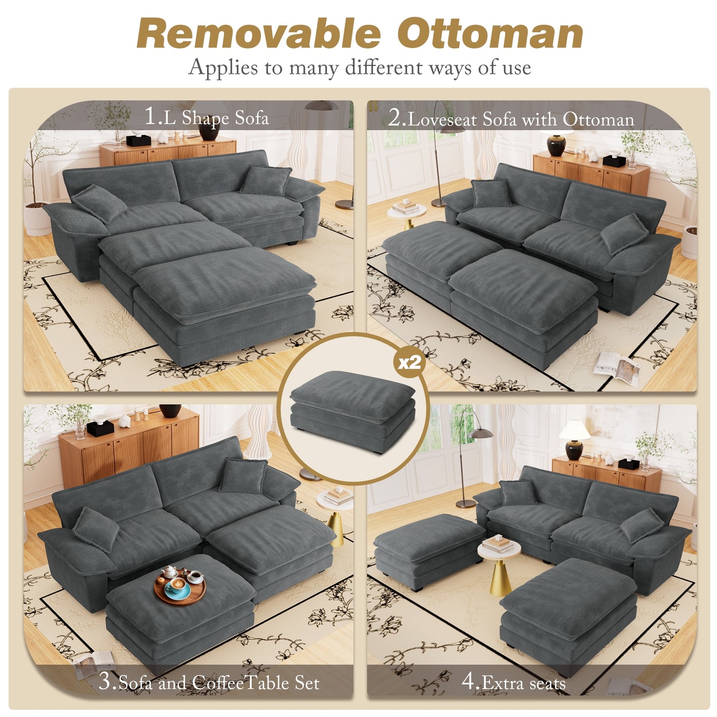 Muumblus Comfy Modular Sectional Sofa with 2 Ottoman, Deep Seat 80.5" Modern Oversized Corduroy Cloud Couch, Fluffy Deep Seat Chaise Lounge Sleeper Sofa for Living Room Apartment, Gray