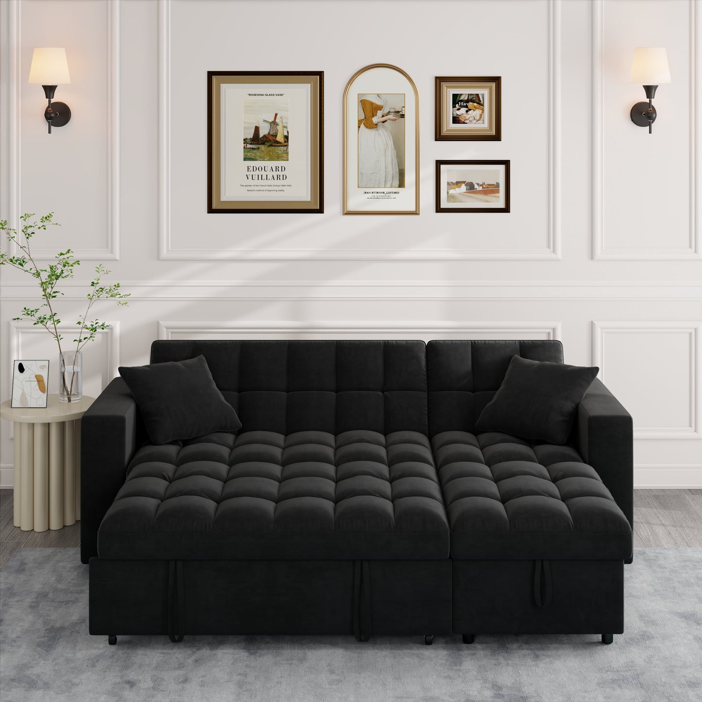 Muumblus 84" Queen Size Convertible Sectional Sleeper Sofa with Storage, Adjustable Backrest, Reversible L-Shaped Pull Out Couch Bed for Living Room, Guest Room, Black Velvet