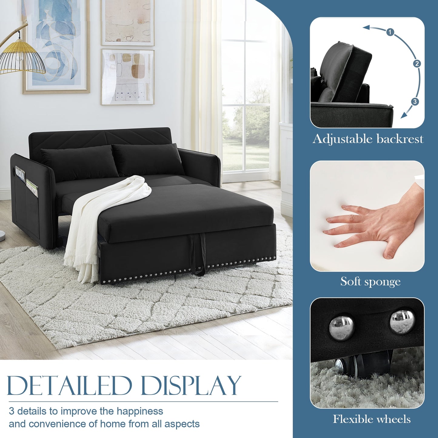 Muumblus 55" Pull Out Sofa Bed, Convertible Sleeper Loveseat with USB Ports, Modern Velvet Small Love Seat Futon Sofa for Living Room, Adjsutable Backrest, Black