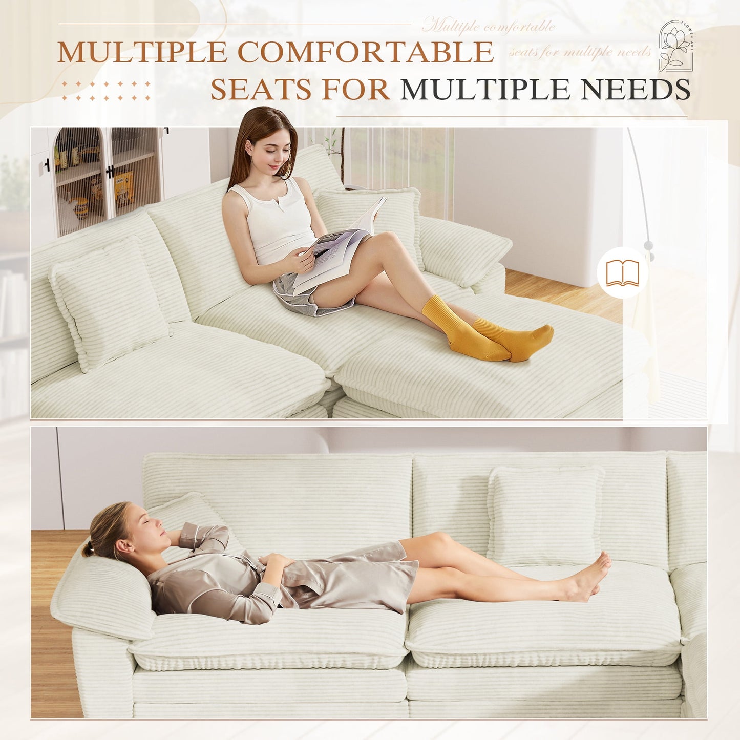 Muumblus Modular Sectional Sofa with Ottoman, Oversized L-Shaped Corduroy Couch for Living Room